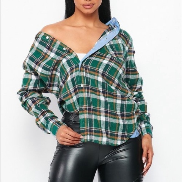 NEW FALL UNISEX TRENDY GREEN MULTI PLAID FLANNEL LONG SLEEVE BUTTON UP SHIRT - Picture 2 of 7